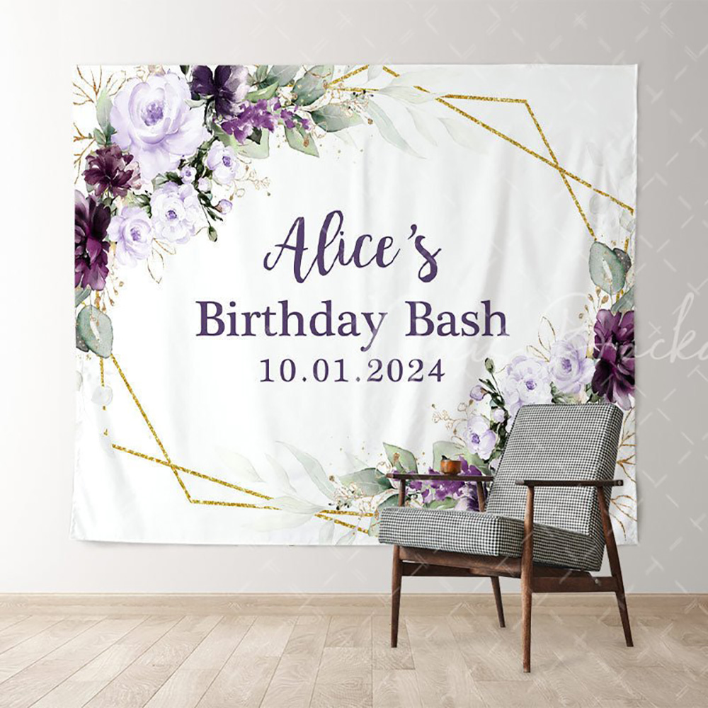 ライトパープルの花柄ホワイトカスタム名誕生日背景幕 女の子用 - Photography Lighting Names のレビューと価格