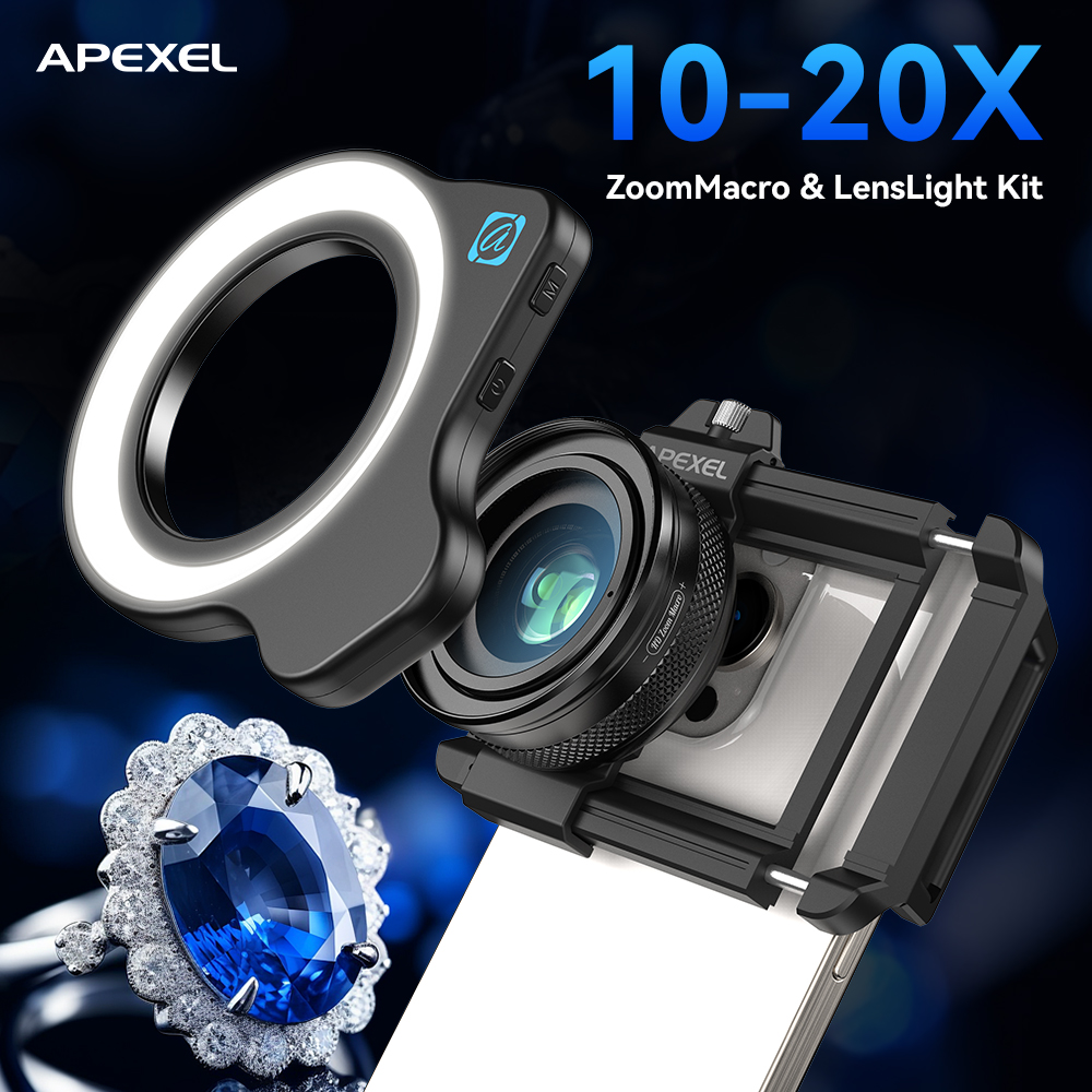 APEXEL 10-20X 調整可能なズームマクロ電話レンズ - Jewelry Photography Lighting Kit のレビューと価格
